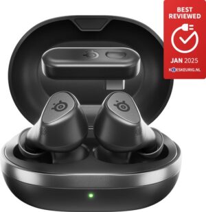 Arctis GameBuds — Zwart — Quick-Switch 2.4-GHz + Bluetooth 5.3 — Actieve Noisecancellation — Mobiele app met audiopresets — Waterbestendig IP55 — 40 uur accuduur met Qi-oplaadcase — PC, PS4 & PS5