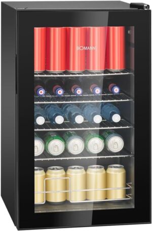 Bomann KSG 7287 Drankkoelkast, 63 liter, traploos regelbaar + 3-10 °C, flessenkoelkast met glazen deur, 4 planken en ledverlichting