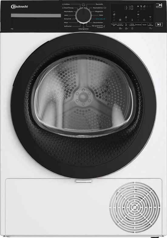 Bauknecht BT 95C WBS, Vrijstaand, Voorlader, Warmtepomp, Wit, Draaiknop, Touch, Rechts - Duits Display
