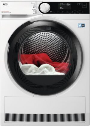 AEG Series 8000 TR8T70680, Vrijstaand, Voorlader, Warmtepomp, Wit, Draaiknop, Glazen deur, Duits Display
