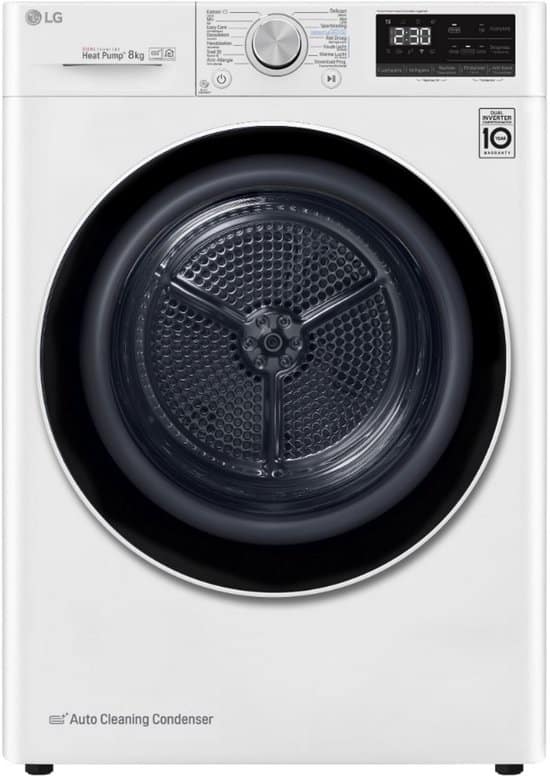 LG RH80V9AV4N warmtepompdroger 8 kg met Dual Inverter Heat Pump voor sneller en energiezuinig drogen - Auto Cleaning Condenser voor duurzaam rendement en ThinQ slimme bediening. Energieklasse A+++