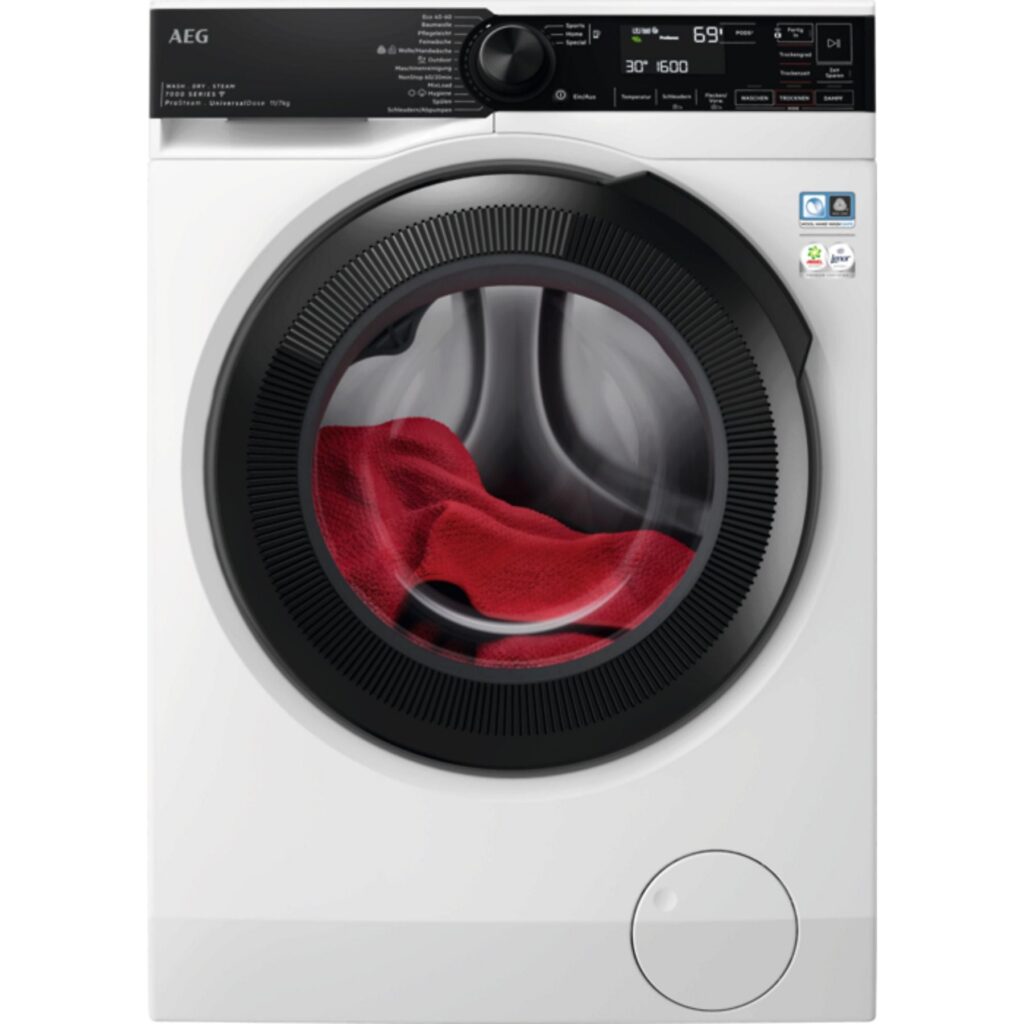 AEG LWR7E70610, Voorlader, Vrijstaand, Wit, Links, Zwart, Draaiknop Duits Display
