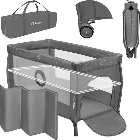 LIONELO STEFI PLUS Campingbedje 4 in 1 – Baby Bed / Inklapbare Box / Reisbedje MET Bodemverhoger (Rugvriendelijk Ontwerp